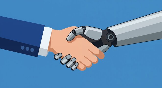 Human and robot handshake illustration on blue background. Concept of artificial intelligence and human-robot collaboration. Business partnership and technology innovation