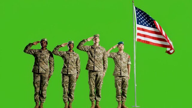 Four Soldiers Saluting American Flag on Green Screen.