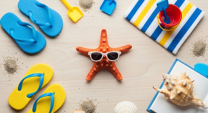 Summer vacation beach essentials starfish sunglasses flip flops and seashells on sandy shore
