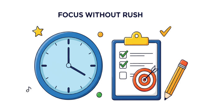 Productivity concept with clock checklist and target for focus without rush and time management planning