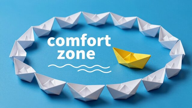 A yellow paper boat breaks away from a circle of white boats on a blue background.