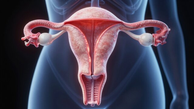 3D medical illustration of the female reproductive system highlighting uterus, ovaries, and fallopian tubes with soft focus background.