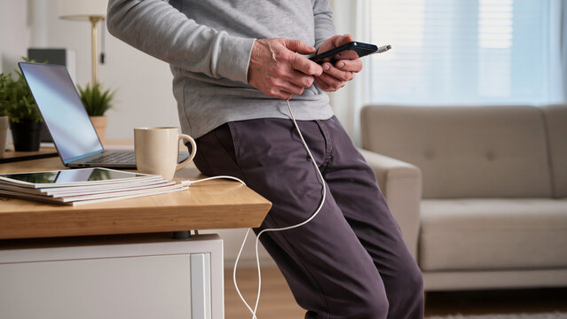 A senior is charging a smartphone, The elderly man holds a mobile device, A grandfather is plugging in a phone, He connects the charger to the port, The senior manages modern technology at home