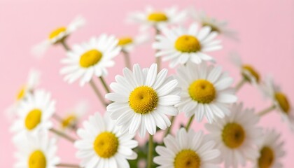 Obraz premium Close-up of delicate white daisies with bright yellow centers against a soft pink background