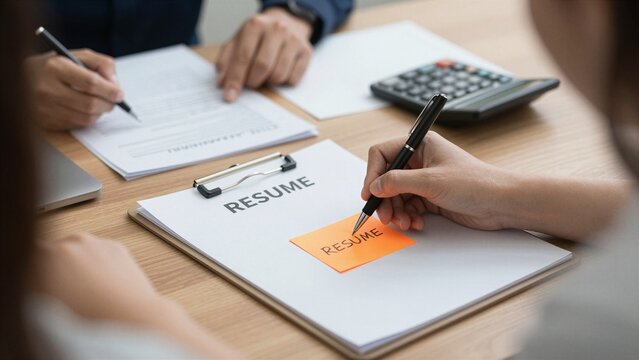 Close-up of hands submitting a resume during a job interview at an office desk.