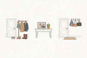 Fototapeta premium Welcoming entryway design featuring hanging coats and backpacks, along with family portrait and potted plant, embodying cozy home atmosphere and minimalist aesthetics