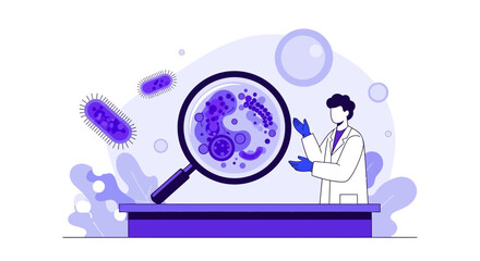 Fototapeta premium Scientist examining bacteria under a magnifying glass, microbiology research, scientific discovery