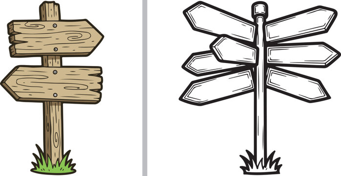Two directional signposts: a natural wood version with two arrows and a grey-shaded version with multiple planks pointing in various directions, both featuring a hand-drawn cartoon style.