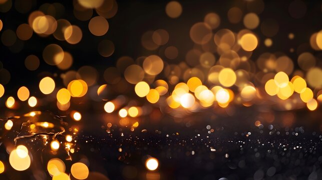 Golden bokeh lights shining brightly on dark background