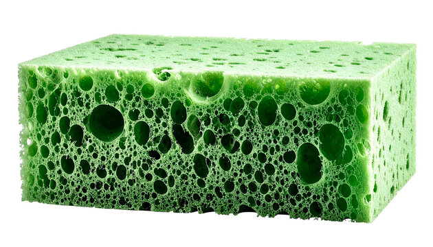 Close-up of a porous, green, rectangular cleaning tool with varying sized holes
