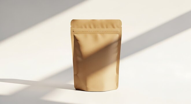 Brown stand-up doy-pack pouch mockup with a zipper, clean white background, and natural window light shadows. Perfect for showcasing product packaging designs for food, coffee, or snacks.
