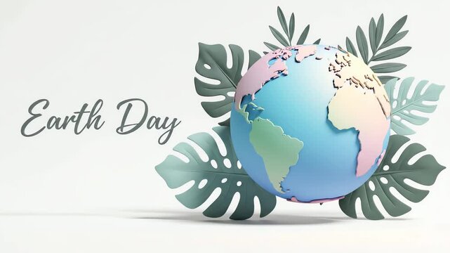 Pastel 3d earth globe with green leaves on a white background, celebrating earth day.