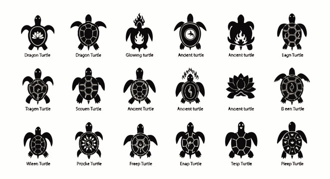 Set of fifteen black silhouette featuring various artistic turtle with intricate shell patterns and symbols