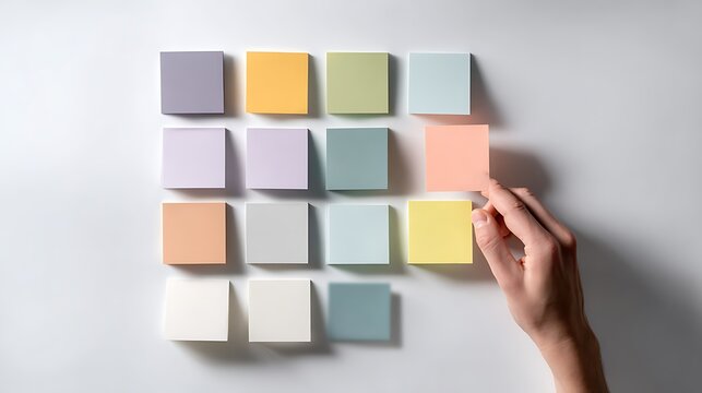 A hand places a colorful sticky note on a wall with various sticky notes.