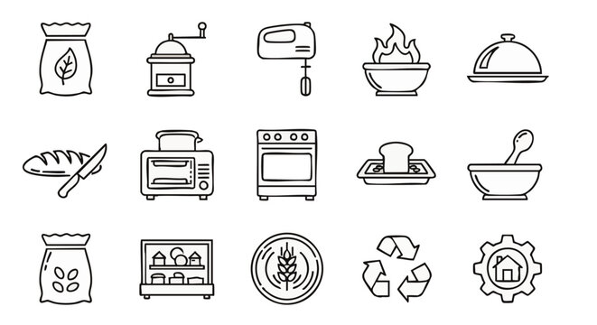 Set of fifteen black and white line representing bakery equipment and kitchen tools for culinary website