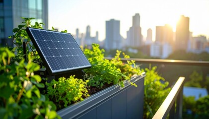 Fototapeta premium Small Solar Panel on Apartment Balcony with Lush Green Garden and City Skyline Background