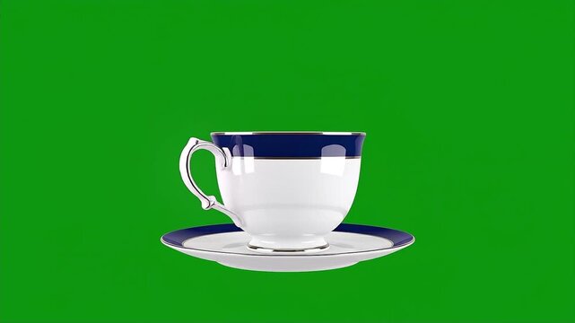 Elegant White and Blue Porcelain Teacup and Saucer on Green Screen.