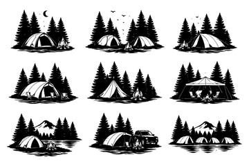 Obraz premium Camping scenes with tents and campfires in forested mountains.