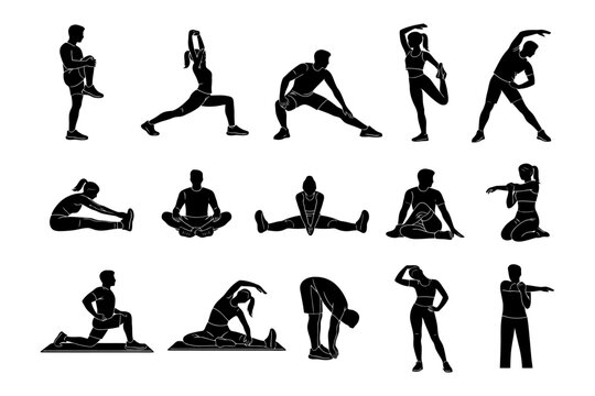 Silhouettes of diverse people exercising and stretching in various poses.