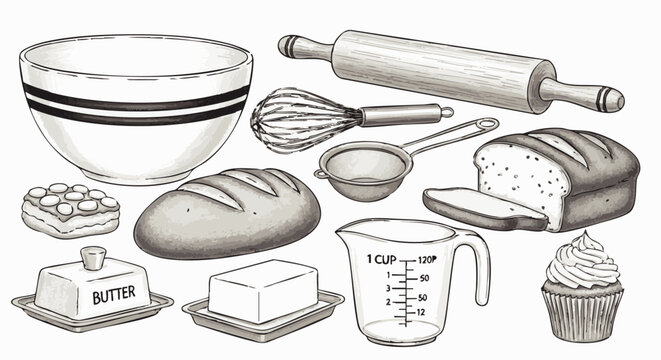 Baking and kitchen preparation tools set including mixing bowl rolling pin whisk measuring cup bread and butter