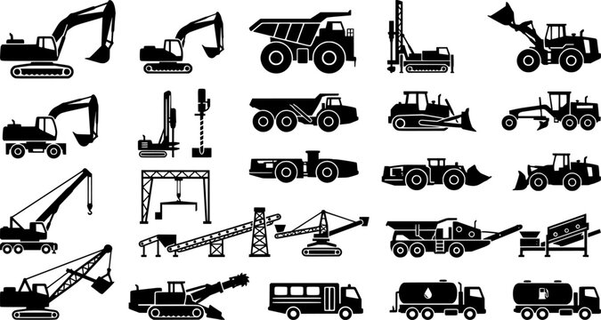 Mining Vehicles Machines Equipment Haul Truck Excavator Drill Rig Bulldozer Loader Dump Heavy Machinery Underground Operations Vector Icon Set - Mining Equipment