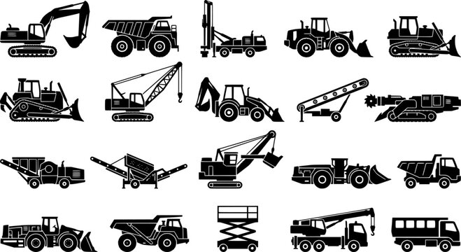 Mining Vehicles Machines Equipment Haul Truck Excavator Drill Rig Bulldozer Loader Dump Heavy Machinery Underground Operations Vector Icon Set - Mining Equipment
