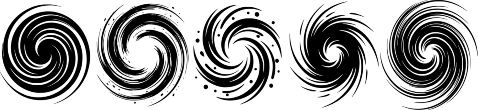 set of Dynamic swirls illustrate the evolution of a cyclone in a dramatic weather phenomenon depiction , vector set
