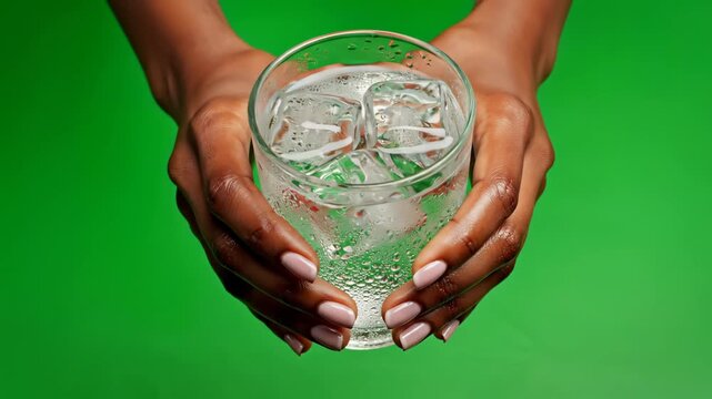 Close-up of Hands Holding a Refreshing Glass of Ice Water.