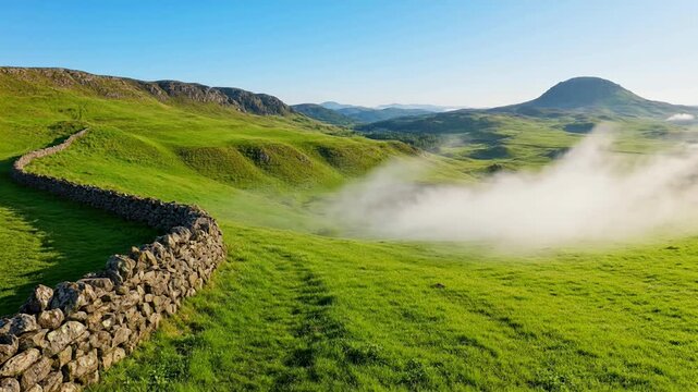 Misty morning in a lush green countryside with low fog rolling over a stone wall and distant hills under clear blue skies