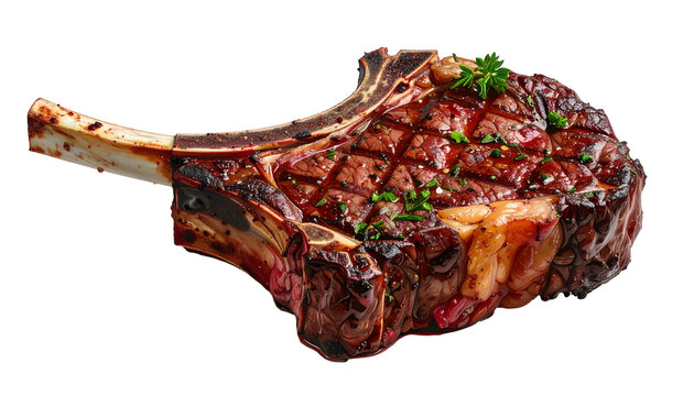 Juicy, grilled bone-in ribeye steak with diamond grill marks and parsley garnish, isolated