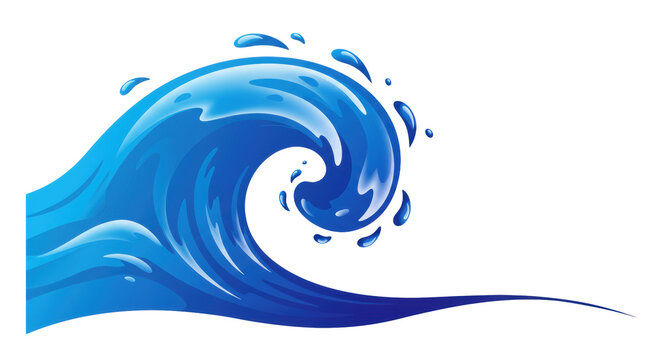 Abstract vector ocean wave, stylized with smooth, flowing curves and a spiraling blue gradient crest, on a transparent background with copy space, concept of powerful fluid motion and dynamism