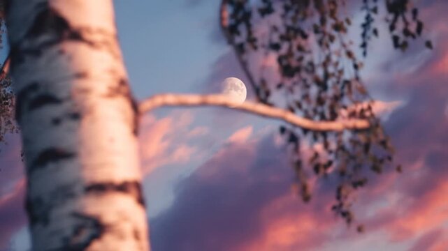 Birch tree trunk against dramatic sunset sky background