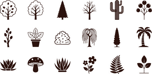 Fototapeta premium Natural plant icons collection with various tree silhouettes including cactus palm mushroom and flower symbols on grid base