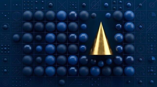 abstract geometric design gold cone amongst blue balls isolated on blue background. Balance, gravity, one of a kind exception or mismatch concept. Matrix of primitive shapes.