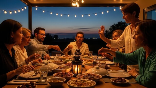 A warm, intimate multi-generational gathering of diverse family and friends sharing a delicious homemade meal around a rustic wooden dining table, beautifully illuminated by a string of festive Edison