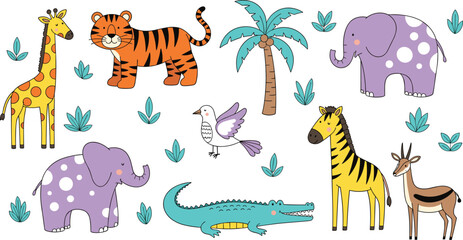 Fototapeta premium Cute Safari Animals Vector Set Featuring Giraffe, Tiger, Elephant, Zebra, Crocodile and Antelope with Tropical Elements Cartoon Collection