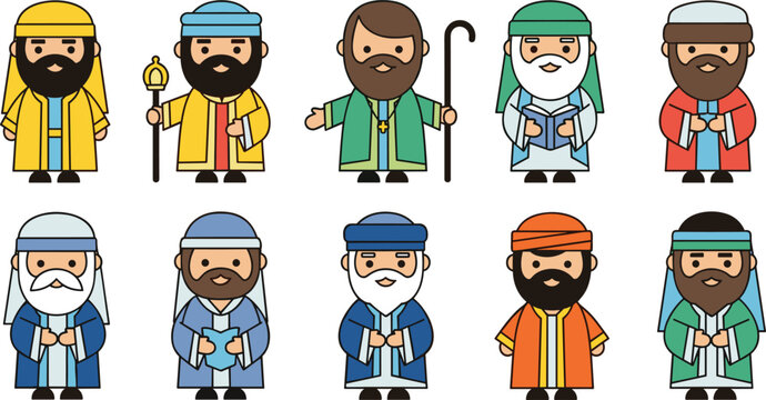 Biblical characters set with prophets shepherds and wise men in traditional robes, religious cartoon figures flat vector illustration