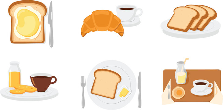 Breakfast food set with toast butter croissant coffee juice and bread slices morning meal vector illustration collection