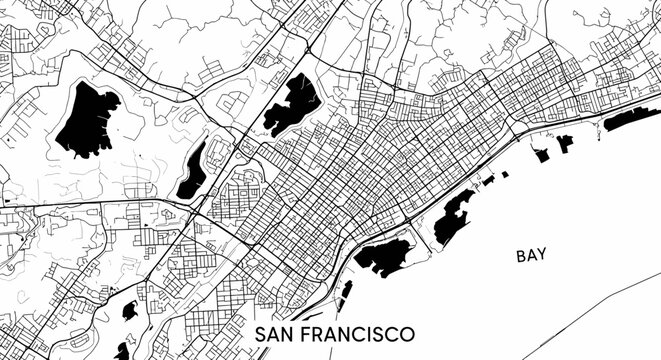 San Francisco aerial map, black and white city plan, urban sprawl, bay area, street grid