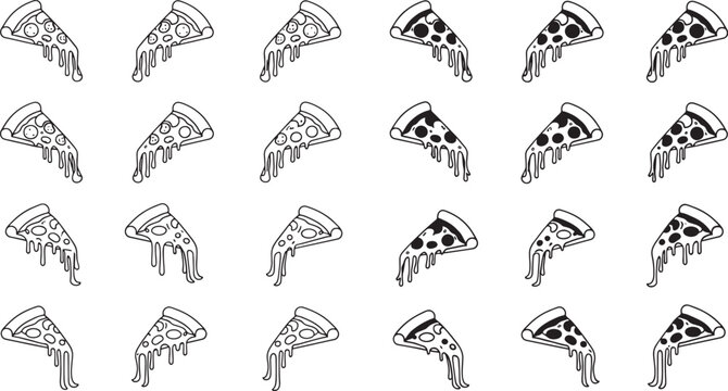 Black and white pizza slices with various toppings food cheese