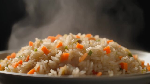 Prepare pilaf in a large frying pan. A dish of rice and pieces of vegetables. Steam comes from a hot lunch. Home kitchen. Pilaf is stirred with a wooden spatula.