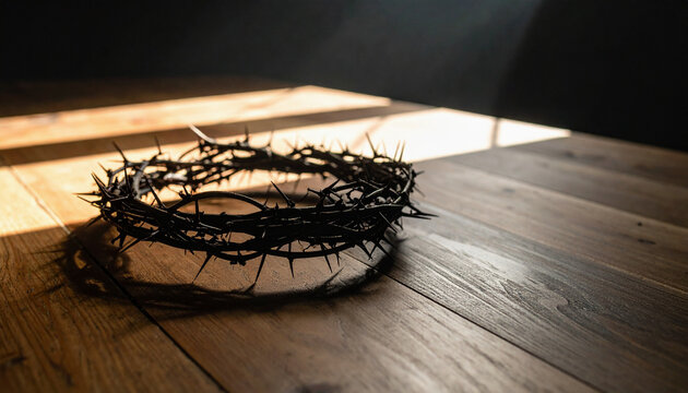 Crown of thorns on a wooden table in a dark room, soft window light, dramatic shadows, minimal composition, copy space, symbolic Christian Easter concept.