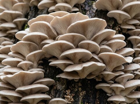 Extravagant display of mushroom growth against textured bark illustrating nature's intricate design and ecosystem balance showcasing decomposers
