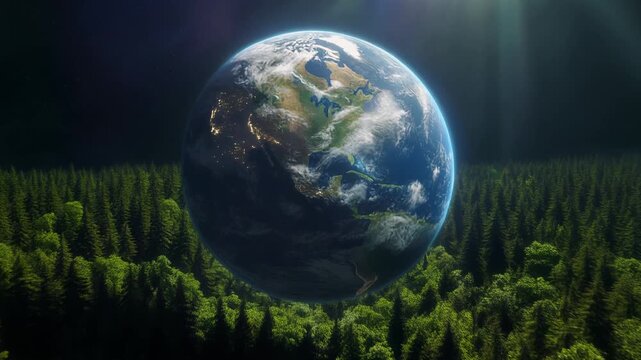 Planet earth surrounded by lush green forest