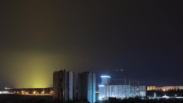 night works with construction site area. development on construction site. night time