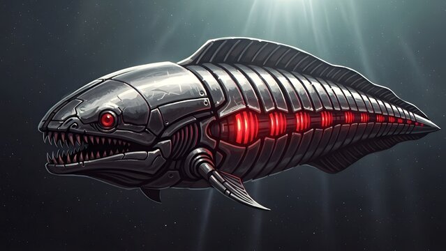 Futuristic mechanical fish with glowing red eyes and internal mechanics, concept art of a cybernetic sea creature
