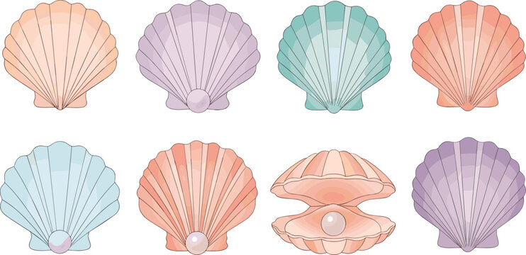 Pastel Seashell Vector Set Featuring Scallop Shells and Open Oyster with Pearl in Soft Beach Colors Isolated Collection for Summer Design