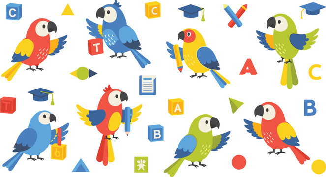 Colorful parrot birds with school elements seamless pattern including alphabet blocks pencils books and graduation icons vector illustration