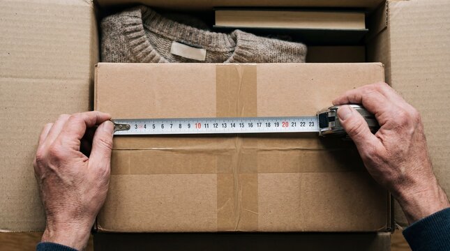 Top-Down Detail of Hands Holding a Yellow Tape Measure Over a Cardboard Parcel