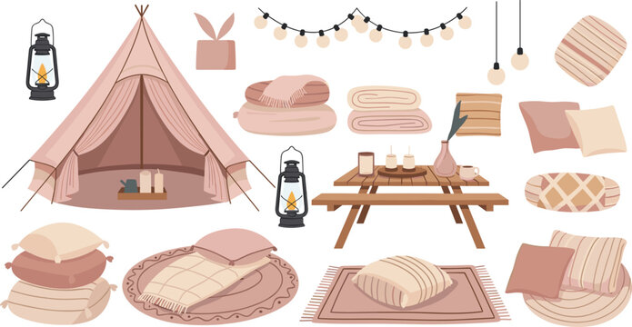 Cozy glamping camping interior set with tent cushions blankets lantern lights and wooden table boho outdoor relaxation vector illustration